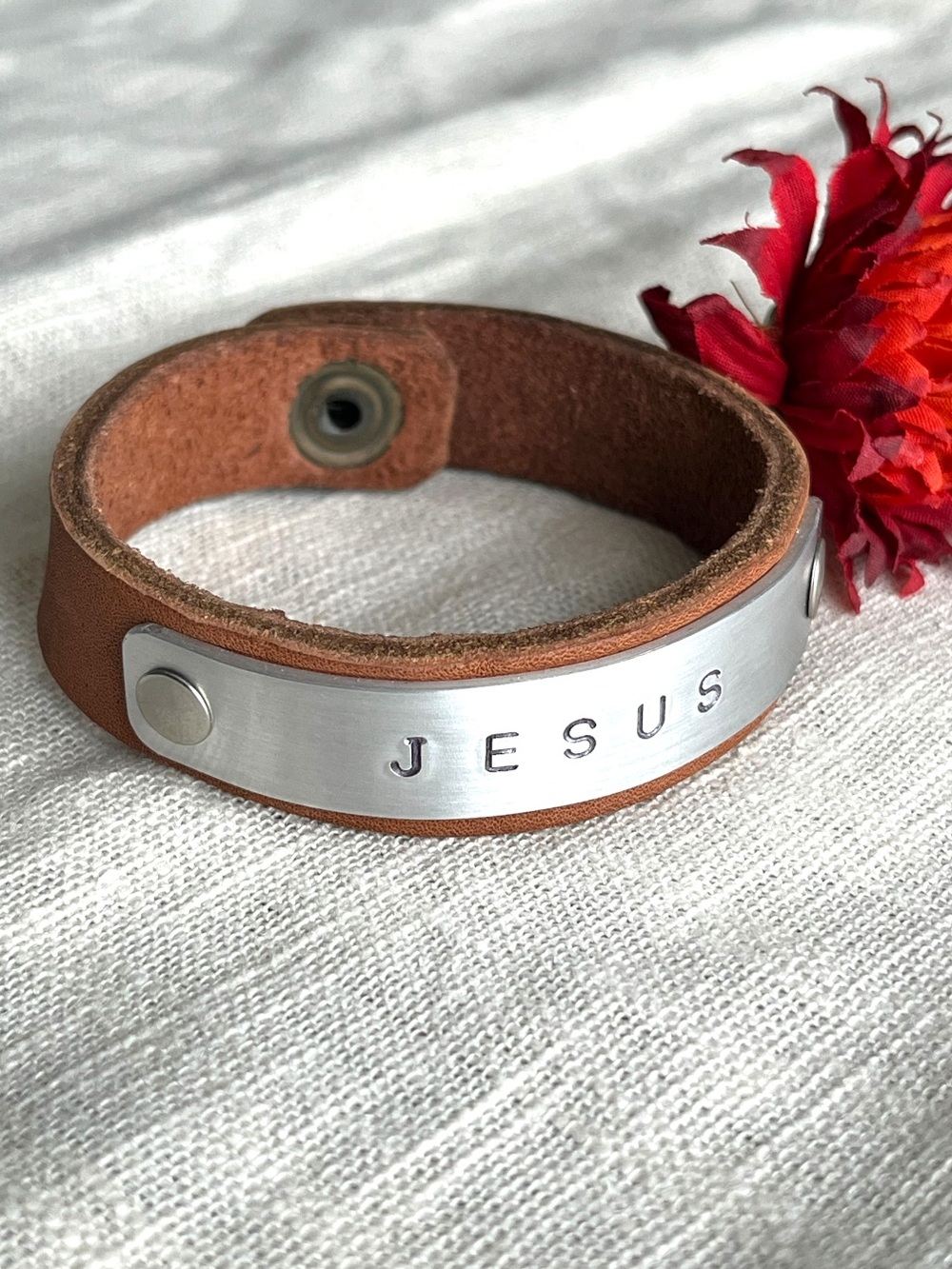 Handmade Leather Bracelet with Silver Jesus Plate